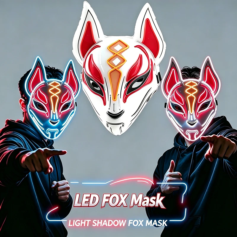 Máscara LED de zorro con luz de neón, máscara Kitsune japonesa para Halloween, cosplay, fiesta, rave, festival, disfraz, máscara brillante con cable EL