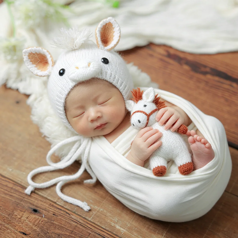 Topi Kuda Rajut Buatan Tangan Multi-warna + Boneka 2 Buah/Set Alat Peraga Fotografi Bayi Baru Lahir Profesional Alat Peraga Foto Tonggak Pertama Bayi Studio