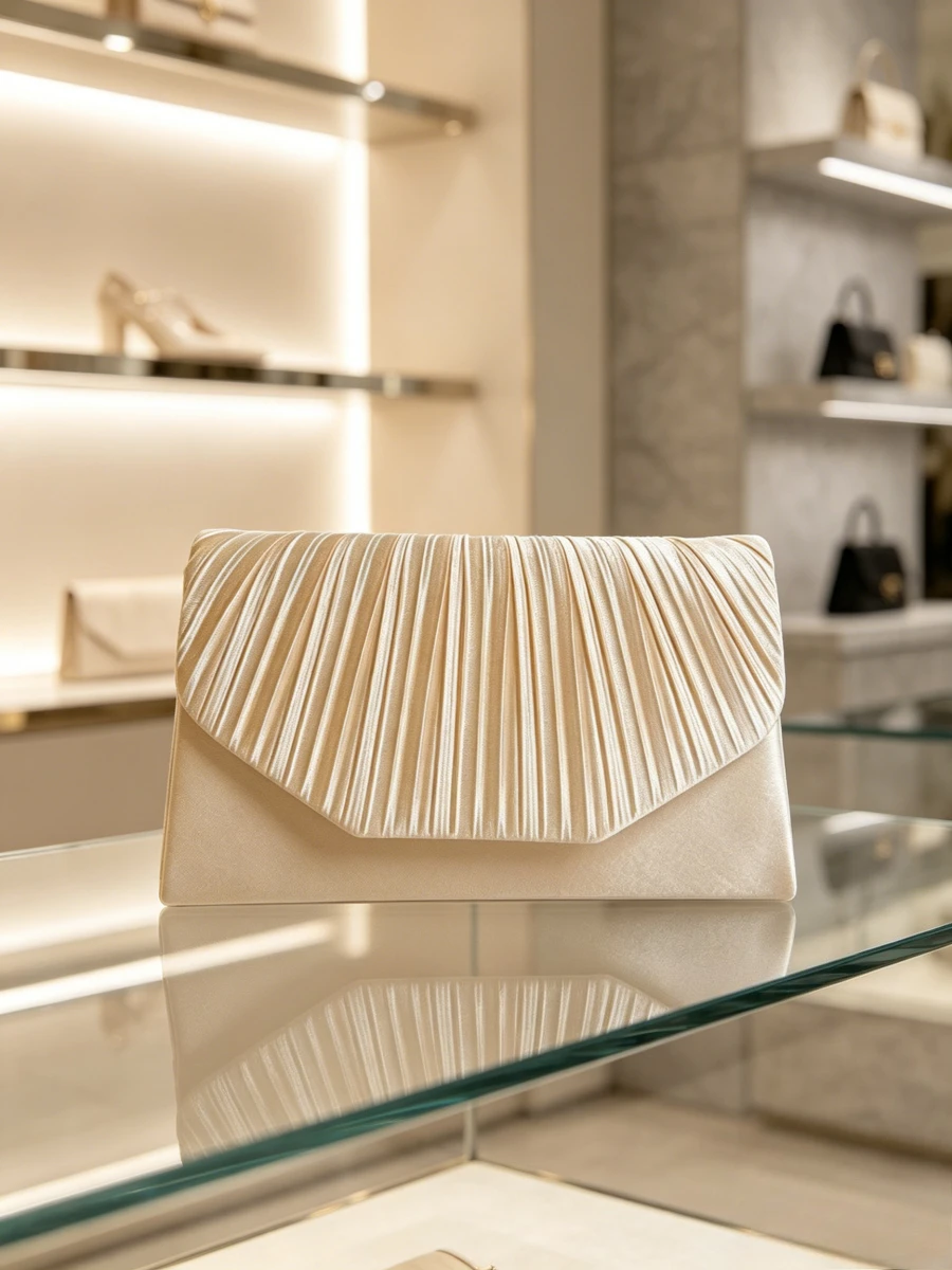 2026 Soft Champagne Pleated Satin Envelope Evening Clutch Bag, Minimalist Formal Dinner Hand Purse For Middle Aged Ladies Party