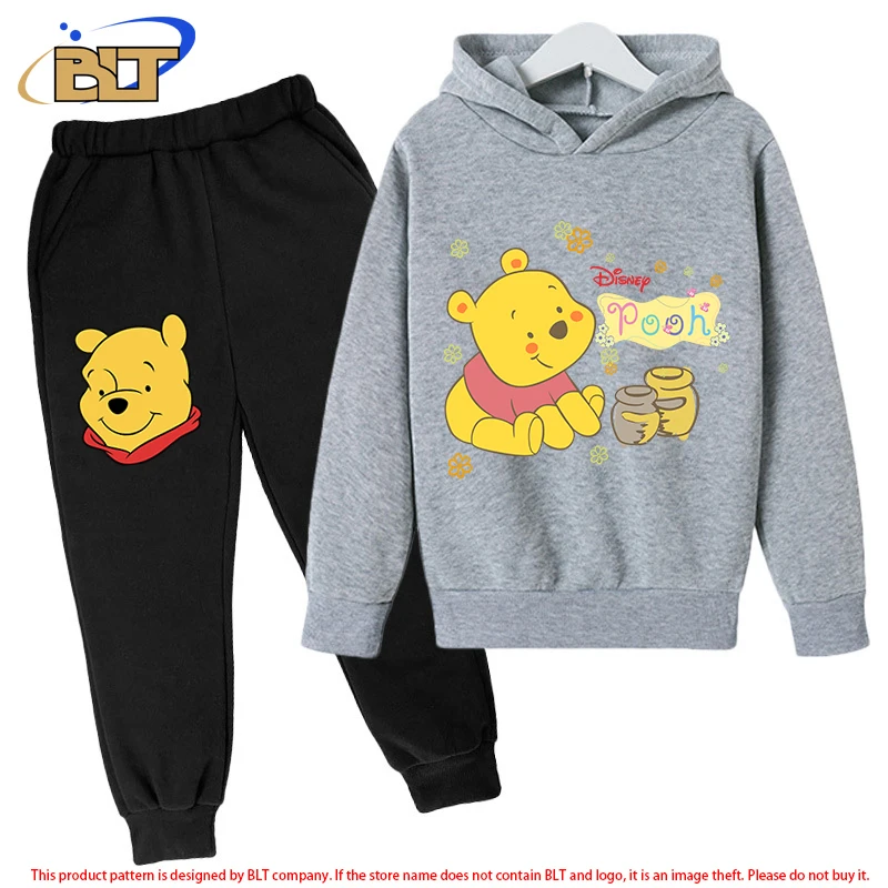 

Pooh Bear Children's Fleece Hoodie Set Gray Sports Sweatshirt Pants Two-piece Set Boys Girls