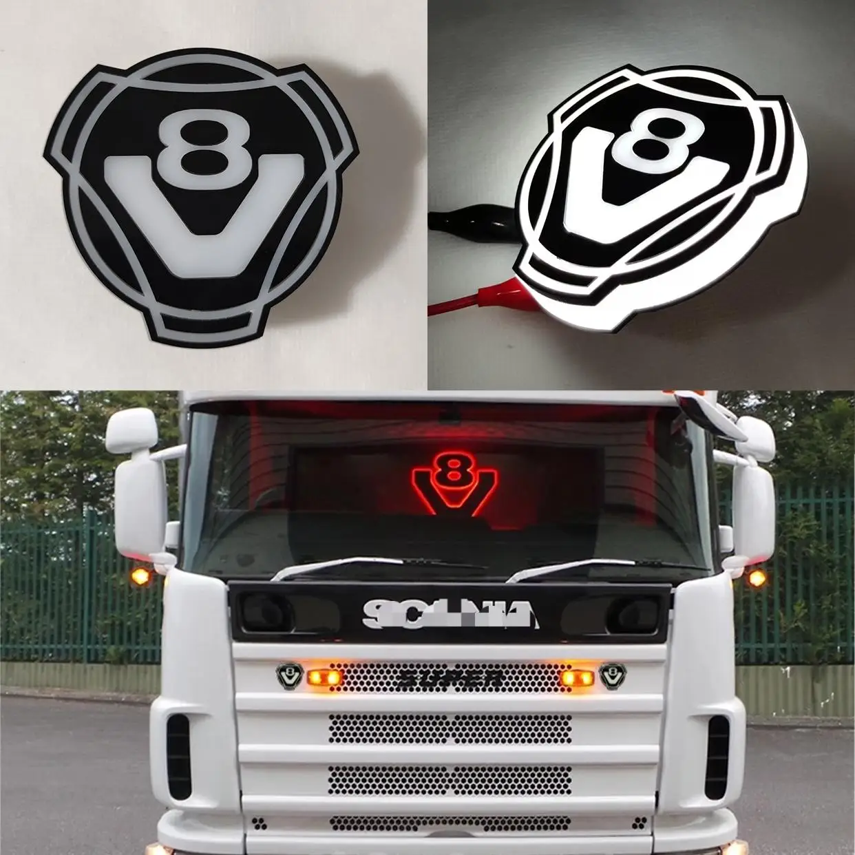 1x V8 Logo Fit For Scania Truck Custom Front Grill Grille Emblem Badge With White 24V LED Light