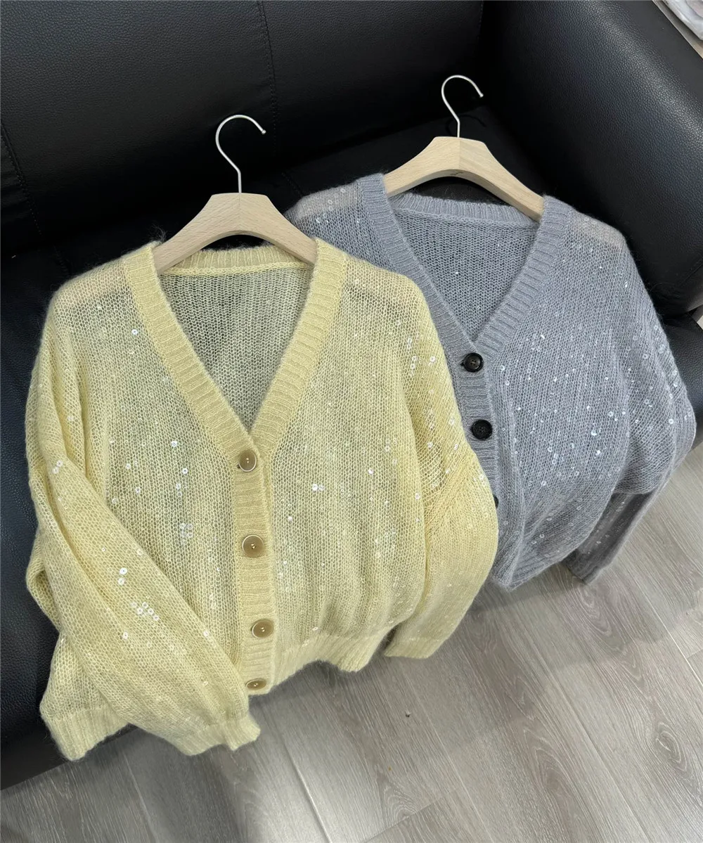 Women's V-neck Mohair Sequins Long Sleeve Knitted Cardigan Top High Quality