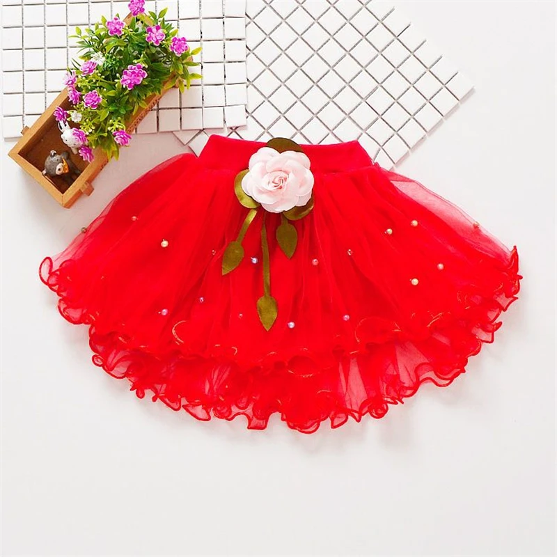 Solid Color Ruffles Baby Skirt Foreign Flavor Children's Short Skirt Flower Pendant Summer Mesh Girls Sweet Cute Style Skirt