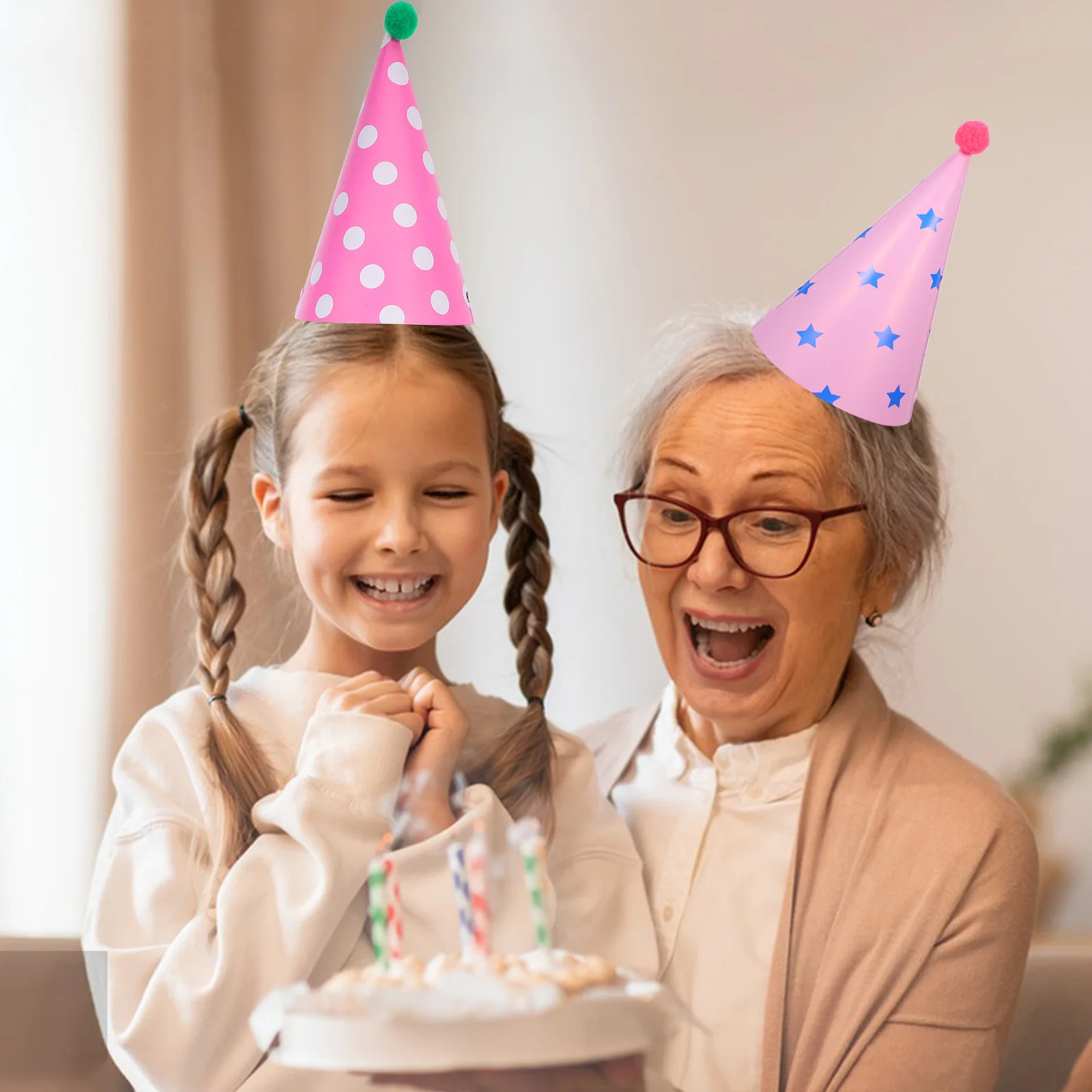 

12Pcs Childrens Birthday Hats Colorful Paper Cone Caps Pompom Party Headwear Photo Booth Props Fun Wear Birthday Hat Girl