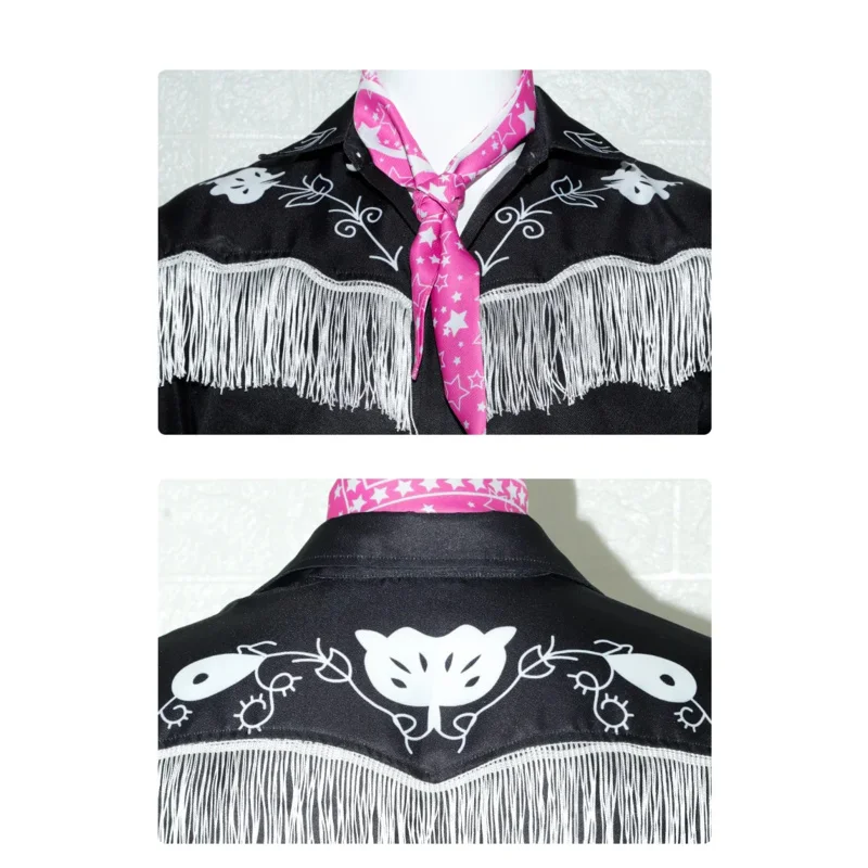 Movie Ryan Gosling Ken Cosplay Costume Retro Black Embroidery Tassels Shirt Men Stage Performance Halloween Party Clothes 2023