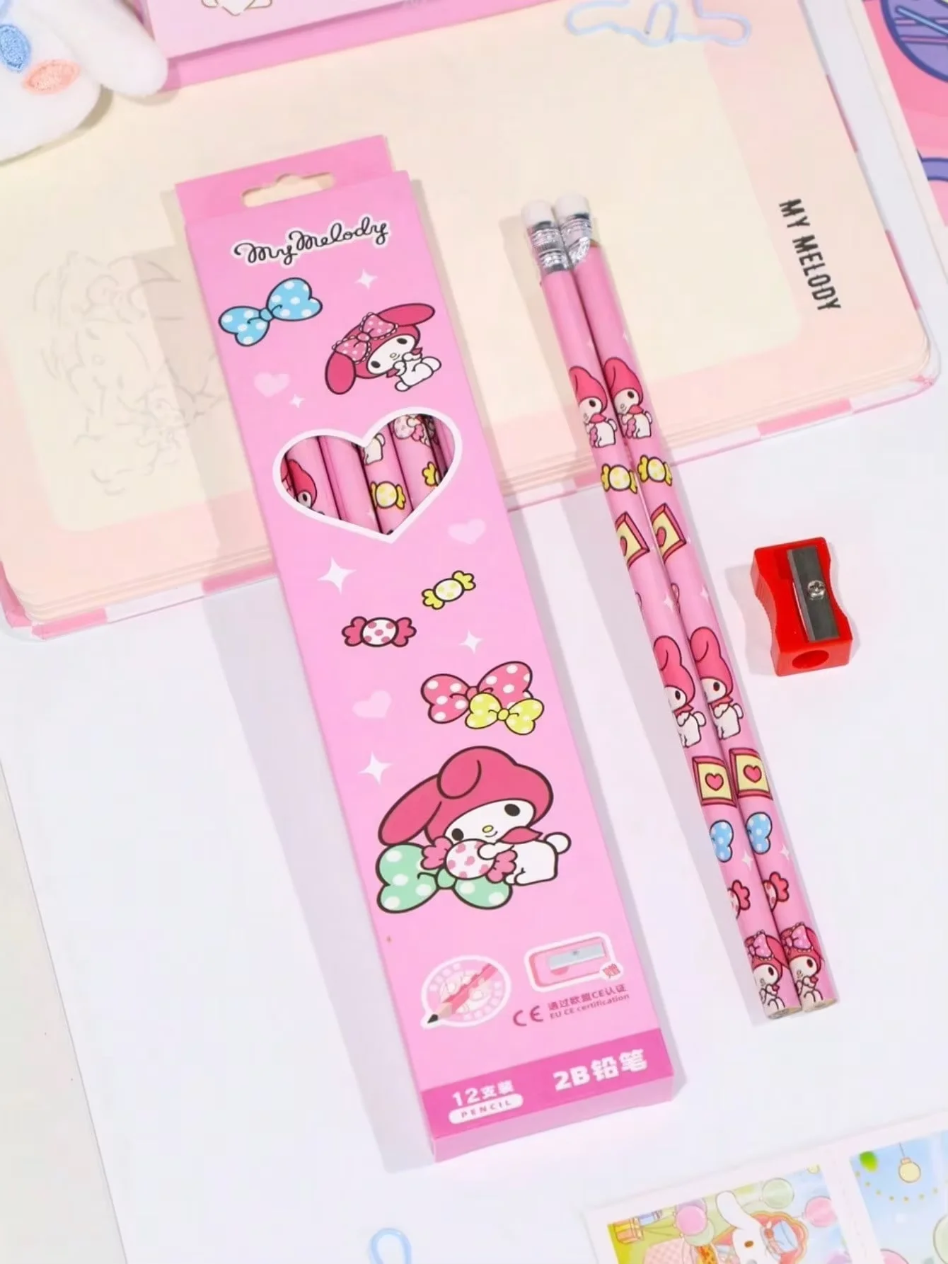 12 Stück/Set Cartoon Hello Kitty Melody Kuromi Cinnamoroll HB Bleistift Anspitzer-Set zum Zeichnen und Skizzieren – Detail 11