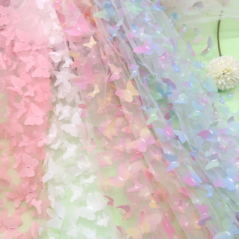 Colorful 3D Rainbow Butterfly Embroidery Mesh Cloth Soft Net Fabric Background Decor Fashion Stage Dress Material