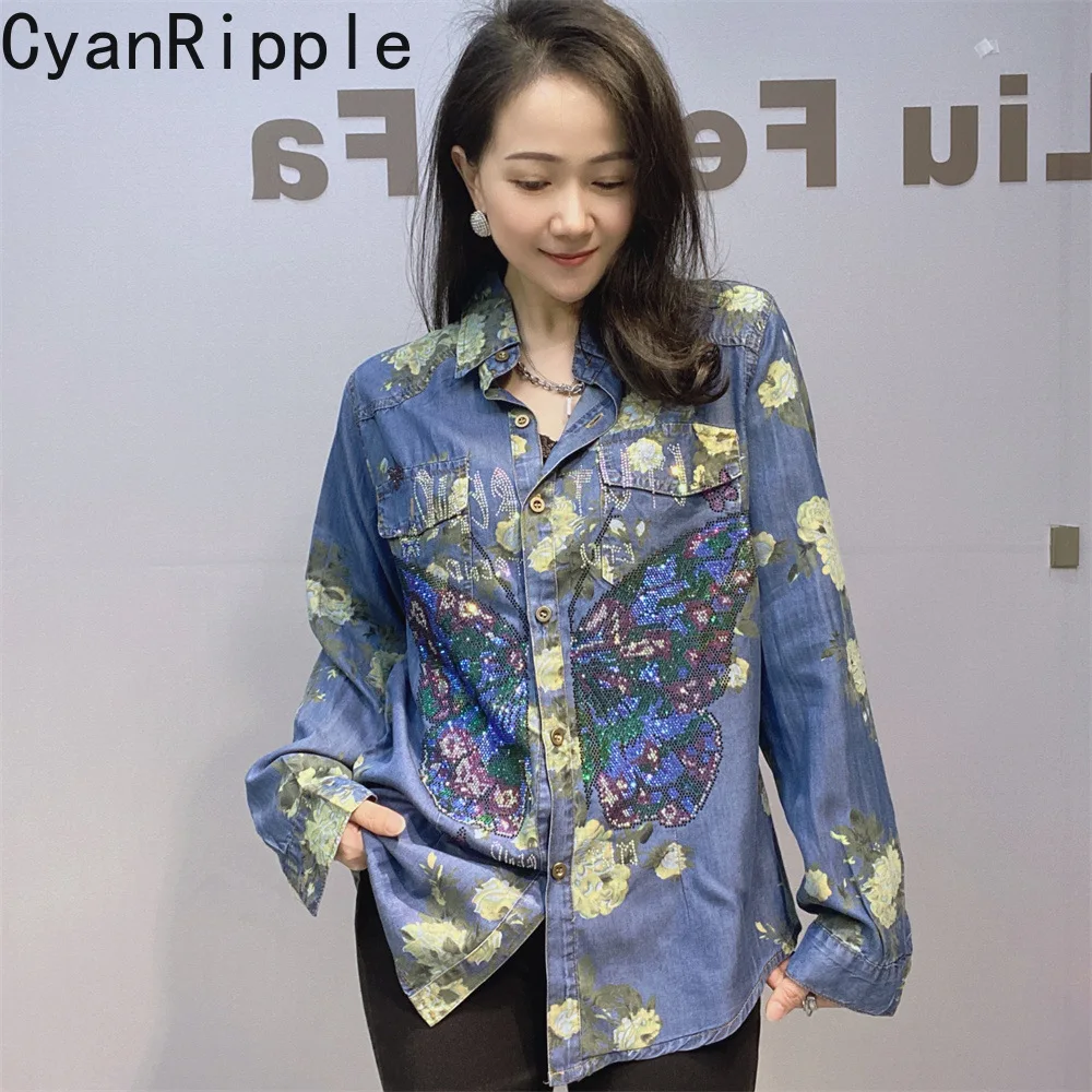 Fashionable New Spring Summer Loose Women Cardigans Top Gradient Floral Printed Hot Diamonds Butterfly Long Sleeve Denim Shirts