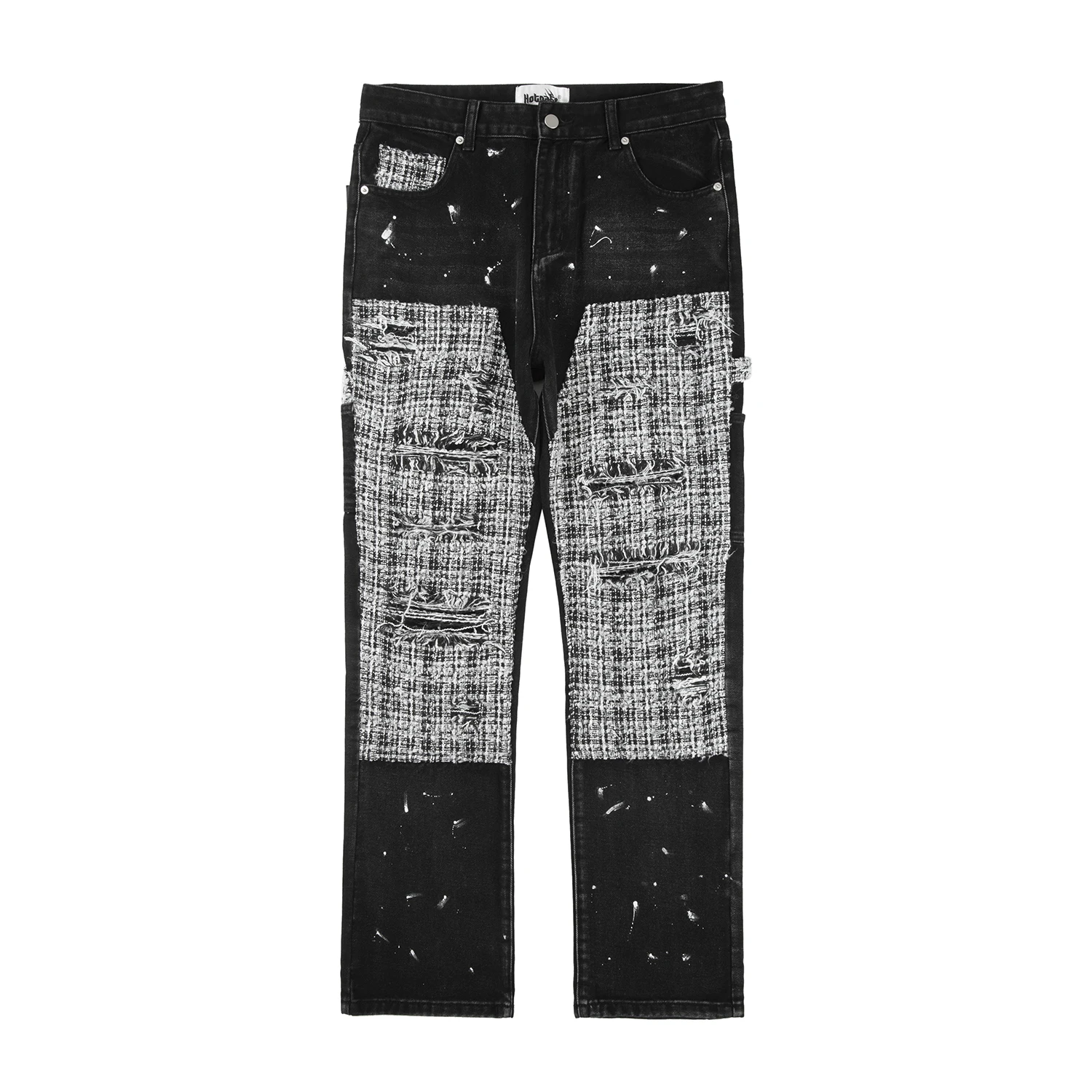 Black White Checkered Patchwork Straight Leg Denim Trousers Men Hip Hop Splashed Ink Logging Pants Jeans Slim Fit Washed Torn