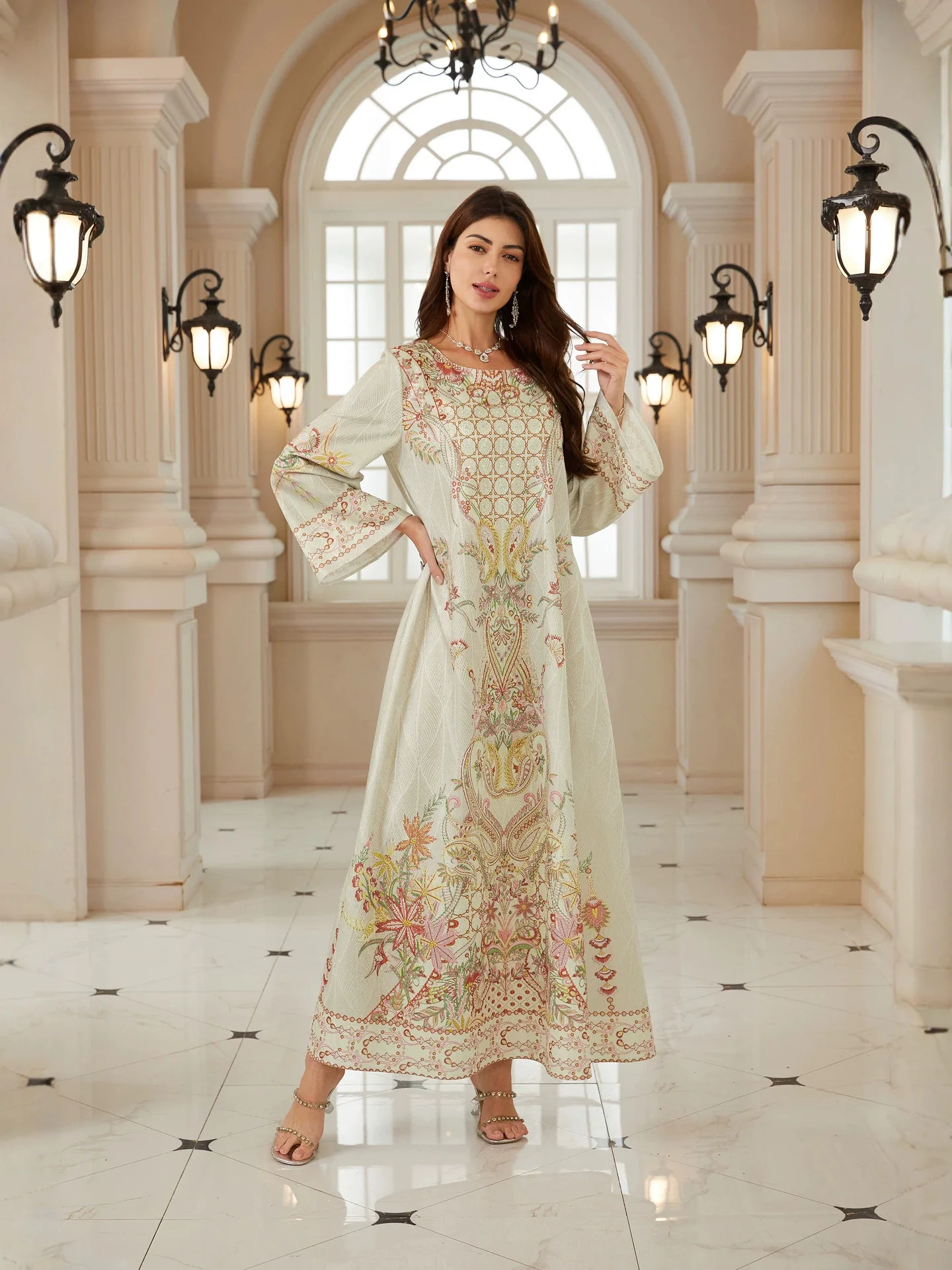

Middle Eastern Muslim Dubai's new printed diamond hot stamping elegant robe floral dress plus size women's jacquard mesh robe
