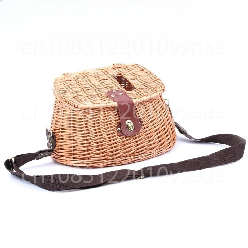 

Woven vine fish basket; wooden fishing bucket with lid; hand-woven fish guarding cage.