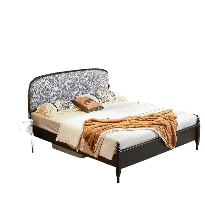 

French retro, medieval solid wood bed, master bedroom wedding room, simple American style, soft bag bed