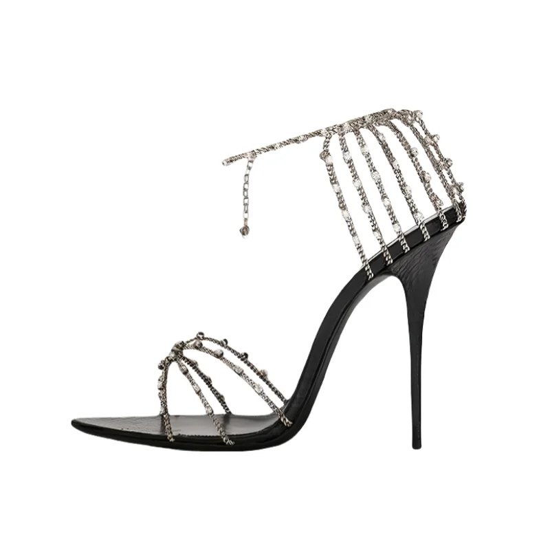 

Crystal Chain High Heels Sandals Women Bling Cross Strap Party Summer Dress Shoes Ladies Haute Sexy Sparkly Open Pointy Sandals