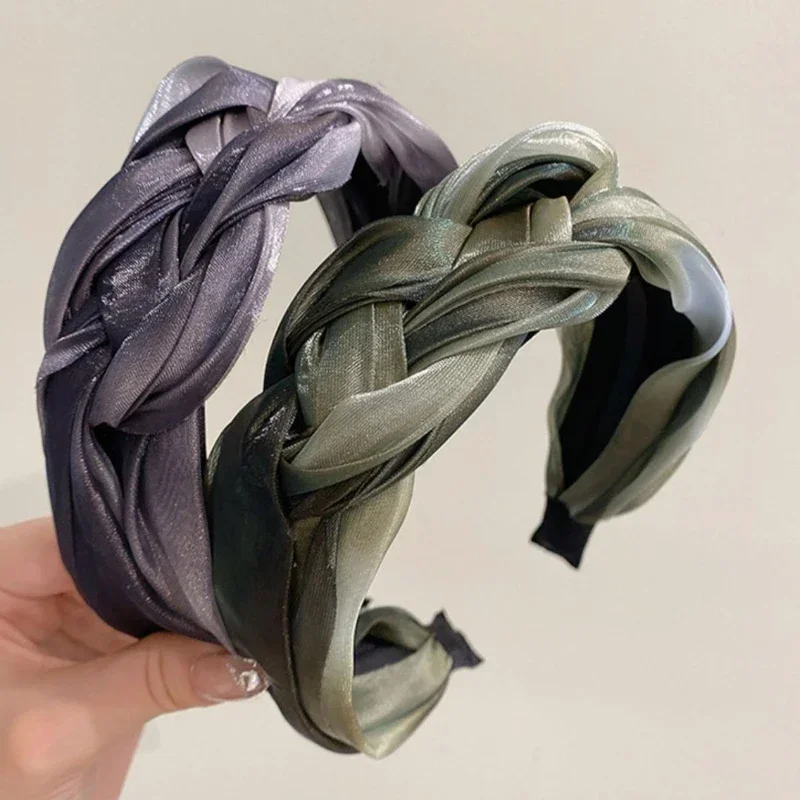 ファッション光沢のあるツイスト三つ編みヘッドバンド女性ガールワイドサイドヘアバンドシンプルなメッシュヘアフープ帽子ヘアアクセサリーヘア三つ編み