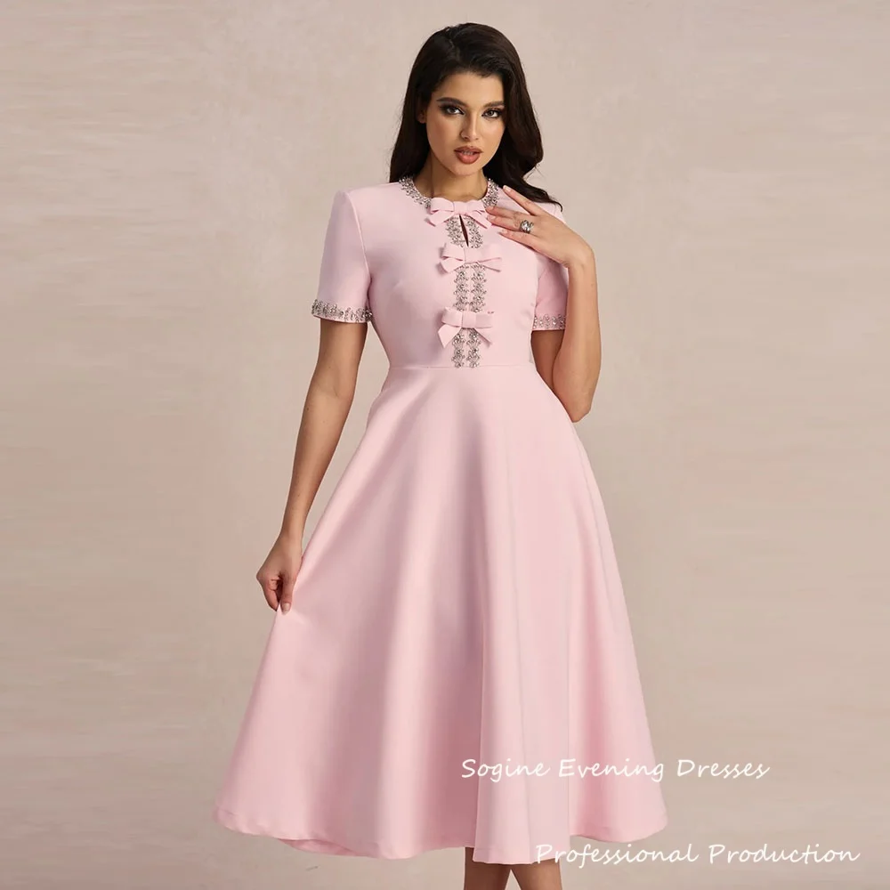 

Pink Crepe Customized Cocktail Evening Dresses For Women Crystal-Embellished A-Line Prom Dress Short Sleeve فساتين سهر