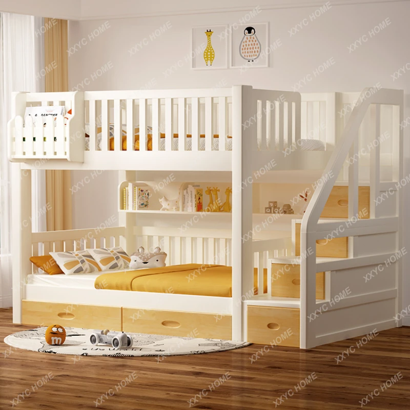 Solid Wood Children's Bunk Bed Double Bed Teenagers Elevated Bed Same Width Parallel Double Bed Height Bunk Bed