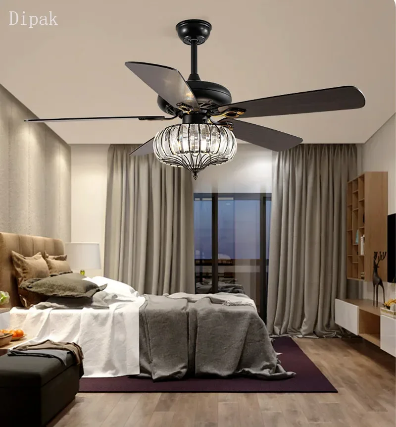 

Luxury retro crystal ceiling fan LED light solid wood leaf silver black 52 inch remote control 110V 220V bedroom lobby hotel