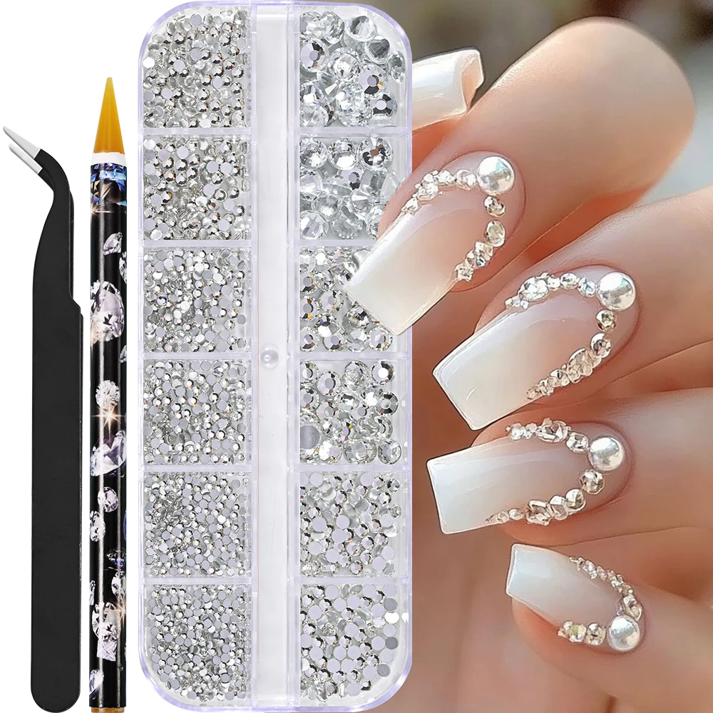 

1000+pcs 12grids Clear Glass Nail Art Rhinestones 3D 2-6mm Luxury Flat-back Diamond Gem Nail Jewelry Shiny Nail Crystal Accessor