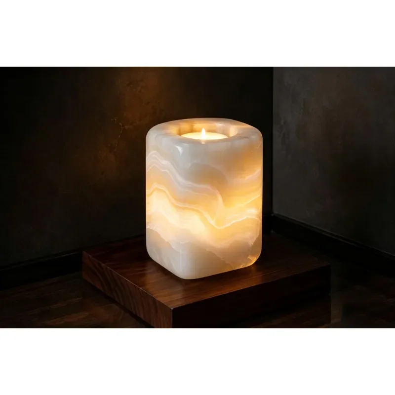 Natural agate marble modern candlestick lamp hand carved stone lantern home office dining room living room table decoration