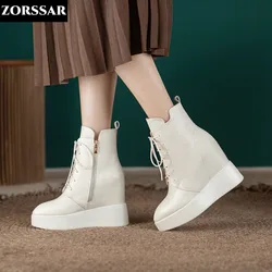 Cow Leather Platform Ankle Boots Ladies Fashion Wedges Shoes For Women Height Increasing High Heels Autumn Pumps Shoes Woman