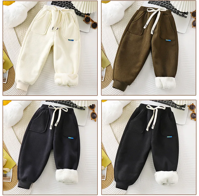 Kinder-Fleece-Hosen mit Kordelzug, verdickte, schmal zulaufende, warme Herbst-Winter-Baumwoll-Fleece-Sweatpants, atmungsaktiv, für Jungen und Mädchen – Detail 15