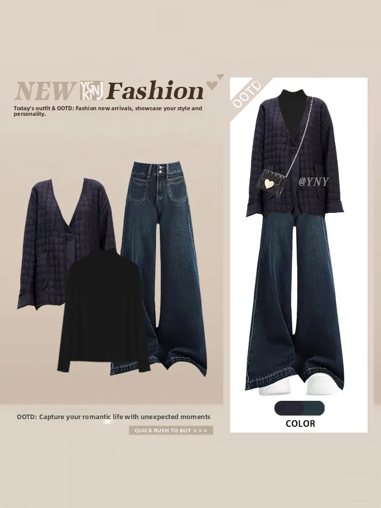 

Модный женский комплект в корейском стиле из трех предметов: хлопковая куртка, базовая рубашка, широкие джинсы с высокой талией, длинный рукав, V-образный вырез, свободный крой