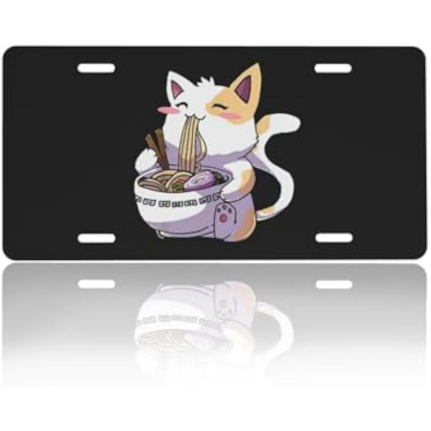

Kawaii Anime Cat Eating Ramen Noodles License Plate Cover Aluminum Metal Vanity Tag for Car Decor