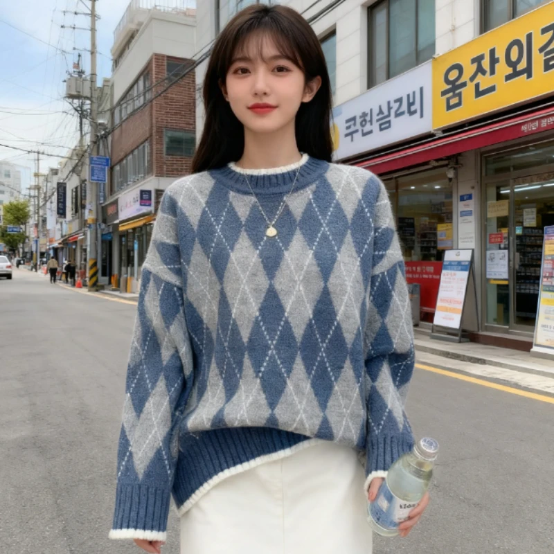 

Модный осенне-зимний женский пуловер, зимний ромбический свободный теплый вязаный топ с круглым вырезом в стиле ретро, повседневный винтажный