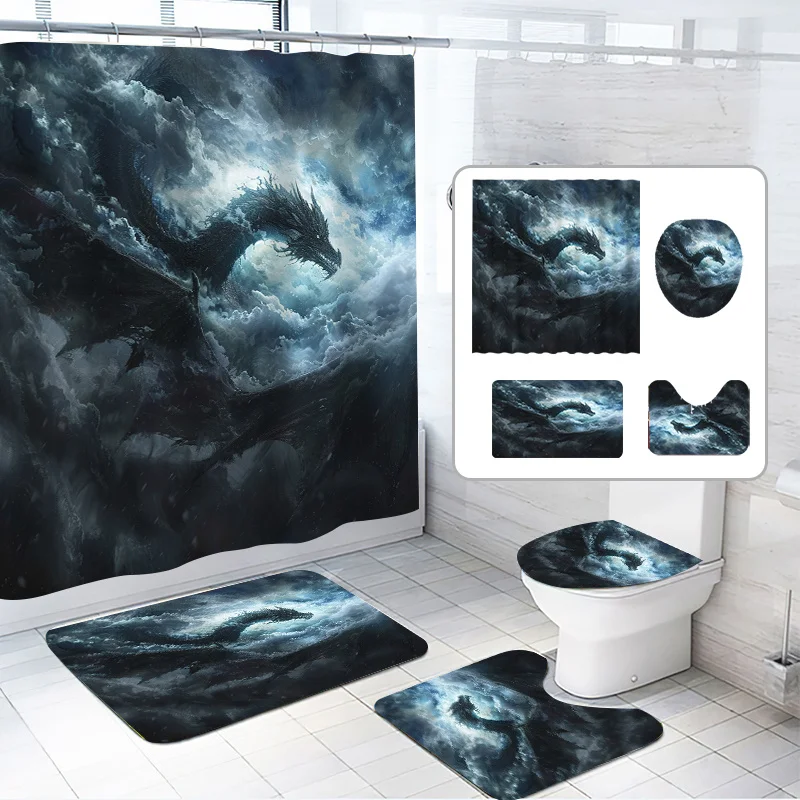 

4pcs, Halloween Shower Curtains, Halloween Dragon Pattern Shower Curtain Set, Black Dragon Design, Flying Dragon Soaring Throu