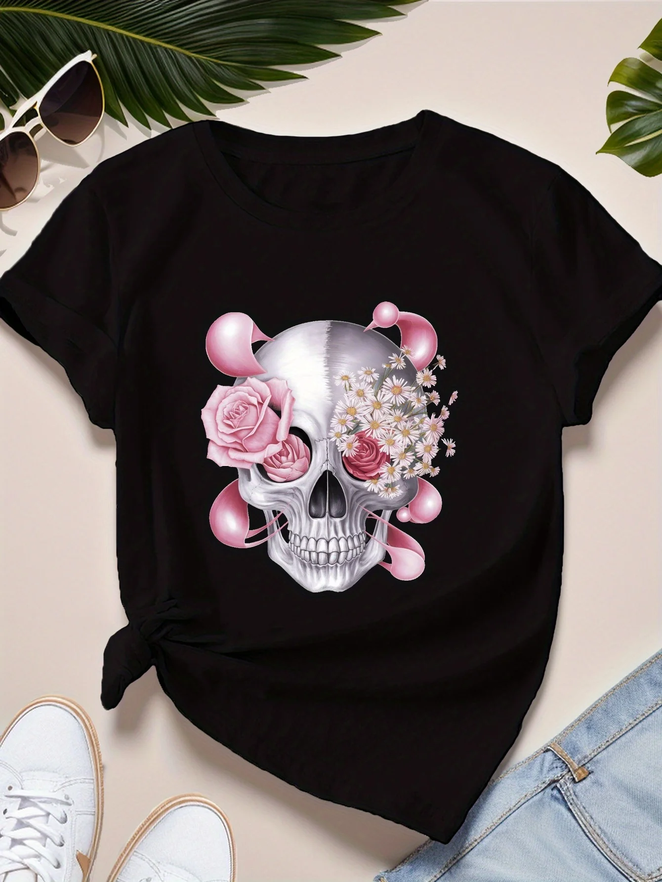 Skull Rose Women's Plus Size Sports Short Sleeve T-Shirt