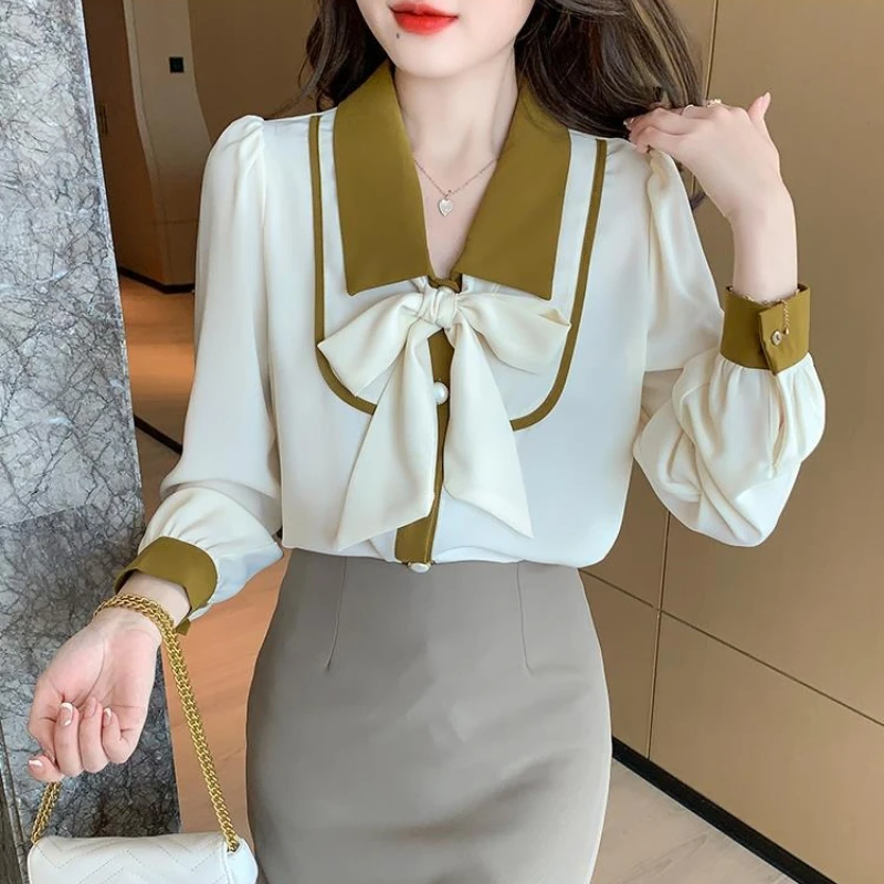 리본 여성 셔츠 블라우스 쉬폰 예쁜 빈티지 쿨 한국 스타일 우아한 2025 베이직 스트릿웨어 여성 탑 버튼업