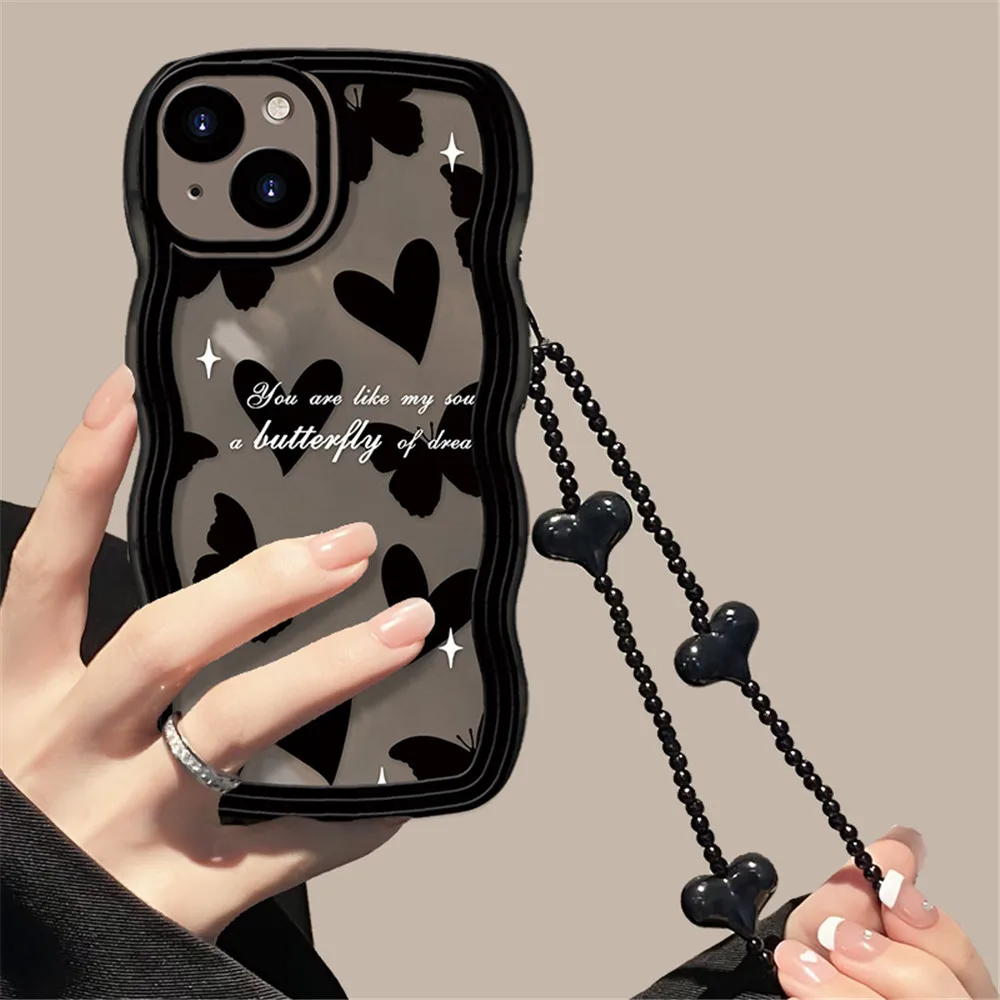 Korean Cute Wave Black Butterfly Love Heart Hang Chain Soft Case For iPhone 16 15 14 Pro Max 12 13 11 X XS XR 8 Plus Clear Cover