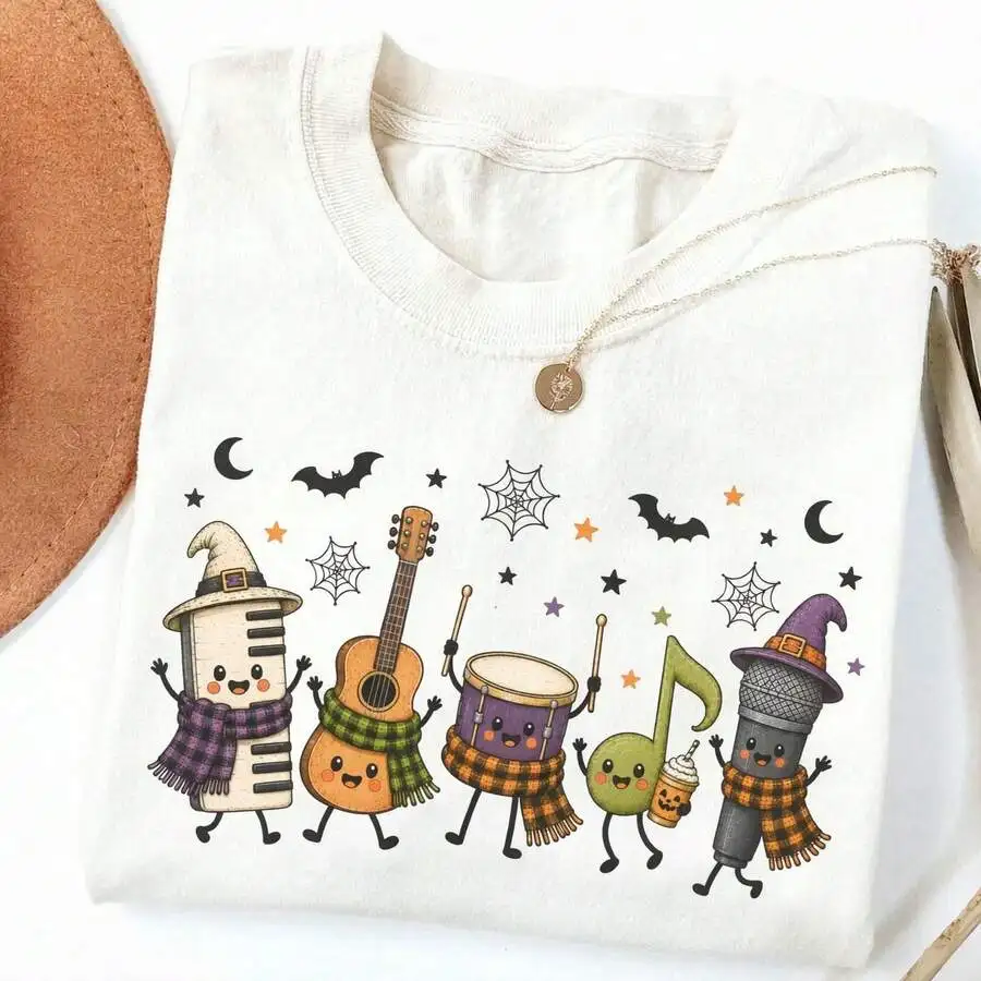 Women's Inspirational Music Teacher Halloween Band Cute Hand Drawn Musical Graphic Print T‑Shirt Crew Neck Short Sleeve Fall Daily Casual Tee Top