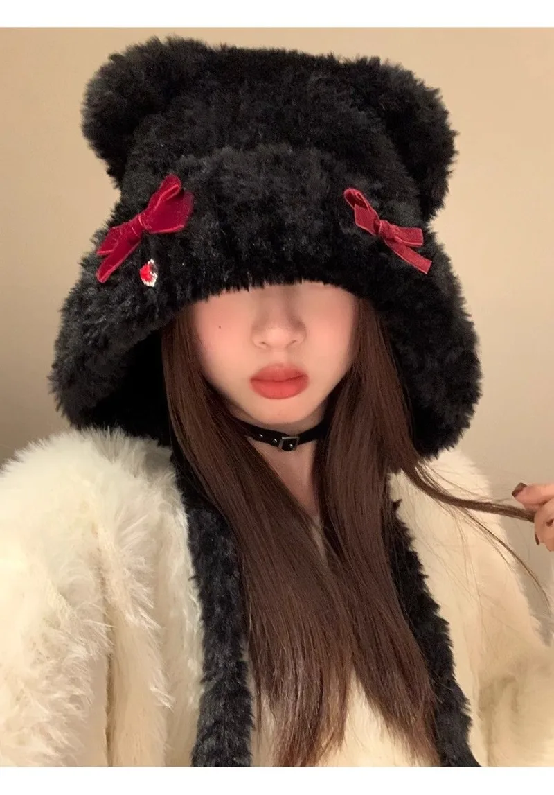 Sweet Bow Plush Bomber Cap Women Winter Thick Women Keep Warm Windproof Ear Protection Cute Pom-pom Beanie Hat with  Lace Up