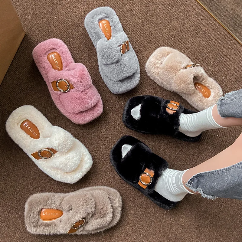 2023 New Autumn and winter fashion cross fluffy slippers women's indoor and outdoor one word flat cotton slippers ASG201