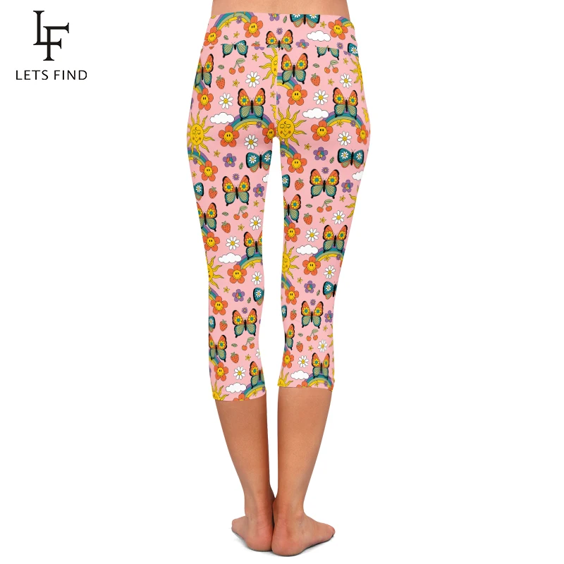 LETSFIND-3D Sun arco-íris borboleta estampa leggings fitness de cintura alta para meninas, sexy mid-bezerro 3-4 leggings, calças de moda feminina, verão