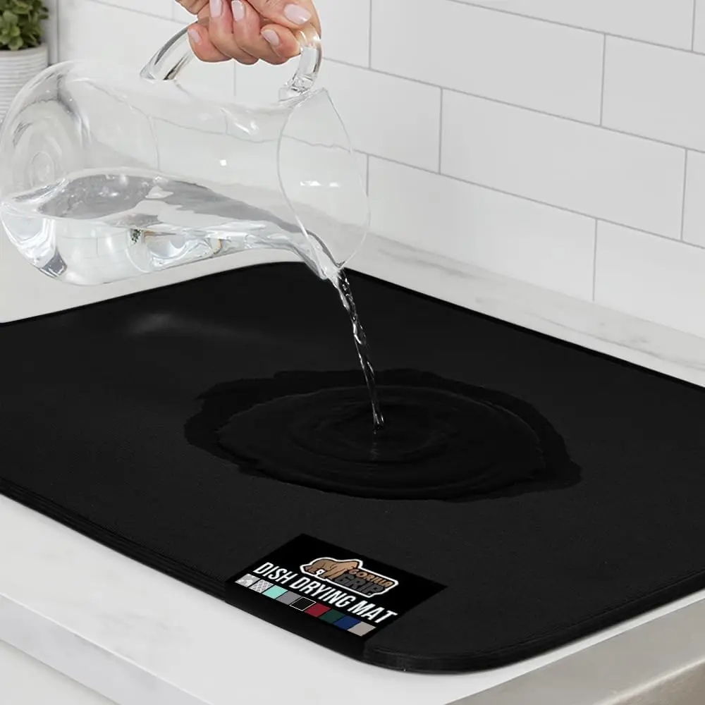 Super Absorbent Microfiber Drying Mat, Fast Drying Thick Mesh, Non-Slip Mat for Sink Cutlery or Under Rack, Kitchen Counter Accessories, Machine Wash Mat, 18x16 Inch, Black