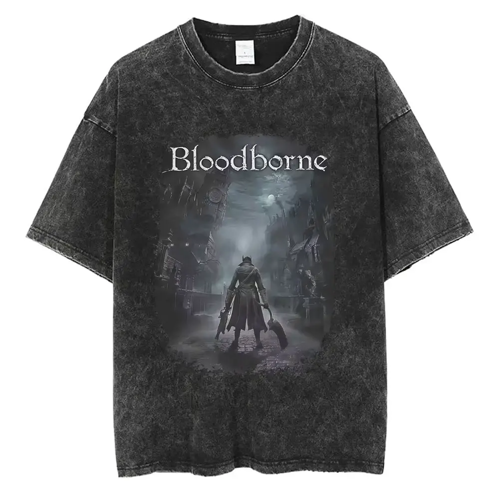 

Washed Vintage Game Bloodborne Horror Hunter Graphic T Shirt Men Women Casual Cotton T-shirt Male Hip Hop Fashion Retro T-shirts