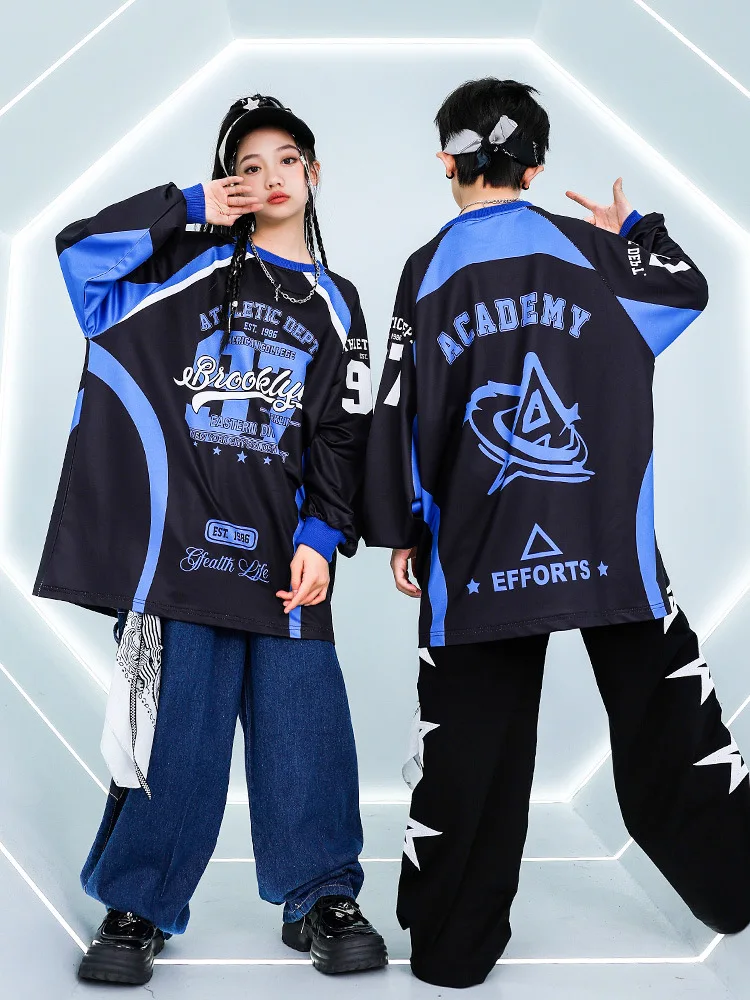 Street Dance Broek Jongens Hip Hop Jeans Kleding Sets Kinderen Jazz Kostuum Meisjes K-pop Blauw-Zwart Contrast Sweatshirt