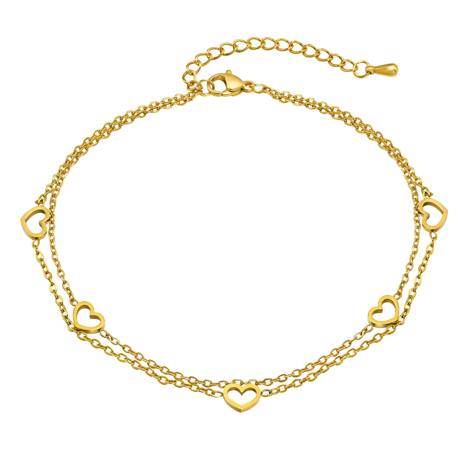 Women\'s Dainty Anklets Jewelry for Daily Beach Holiday, Gold Color Stainless Steel Hollow Heart Shape Double Chains Charm Anklet