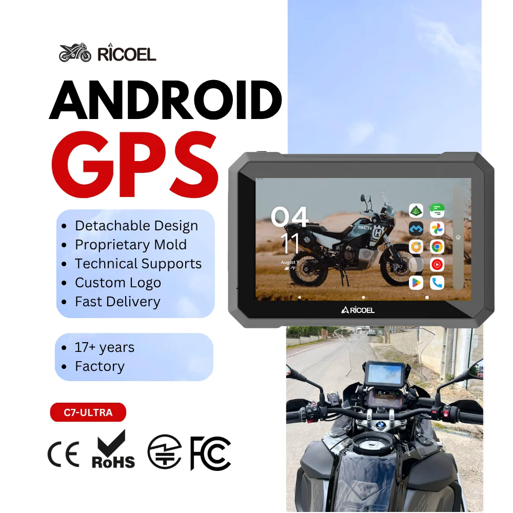 

Ricoel 7 Inch Detachable 1000 Nits Brightness IP66 Waterproof Android GPS Navigator CarPlay for Motorcycle-1 Year Worldwide Map