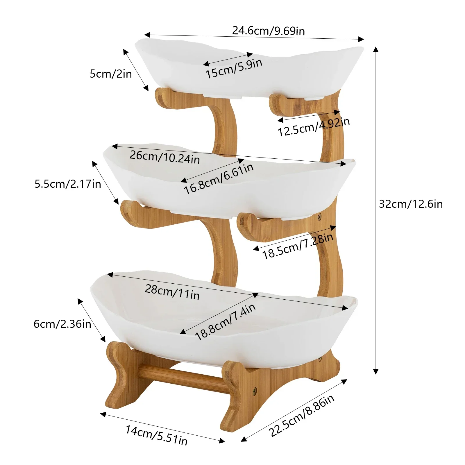 3 Tiered Ceramic Fruit Bowl Detachable Design Space Optimization Fruit Bowl with Bamboo Wood Stand for Fruits, Candies, Food