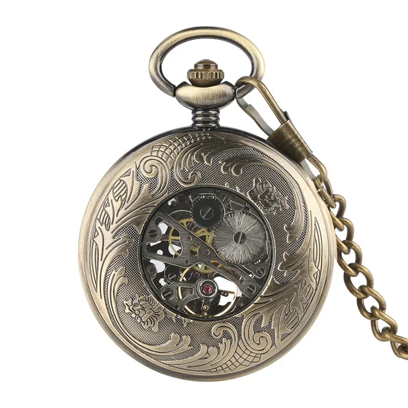 Vintage Hand Winding Mechanical Pocket Watch Transparent Half Hunter Case Roman Number Display Watches for Men Women with Chain