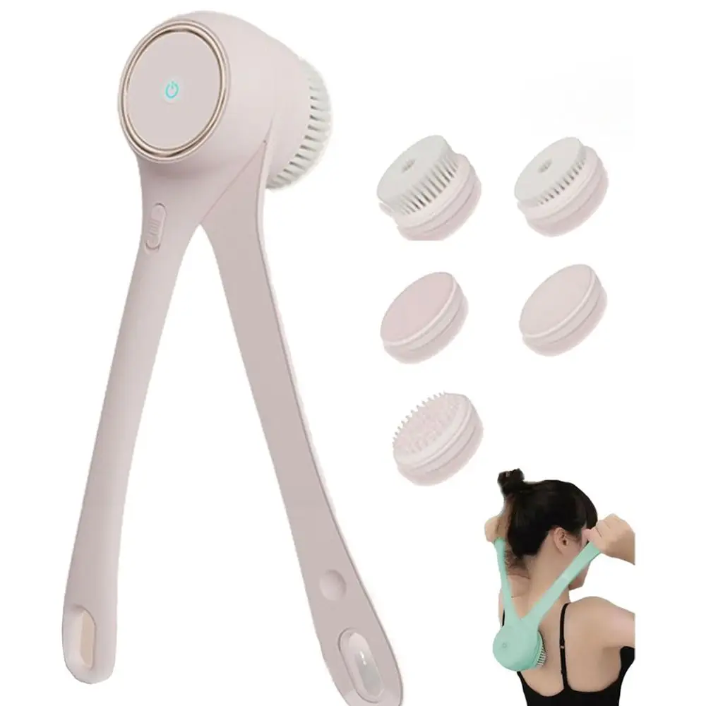 With 5 Brush Heads Dual Handle Bath Brush IPX7 Waterproof Long Handle Electric Shower Brush Rechargeable 2 Speed Modes