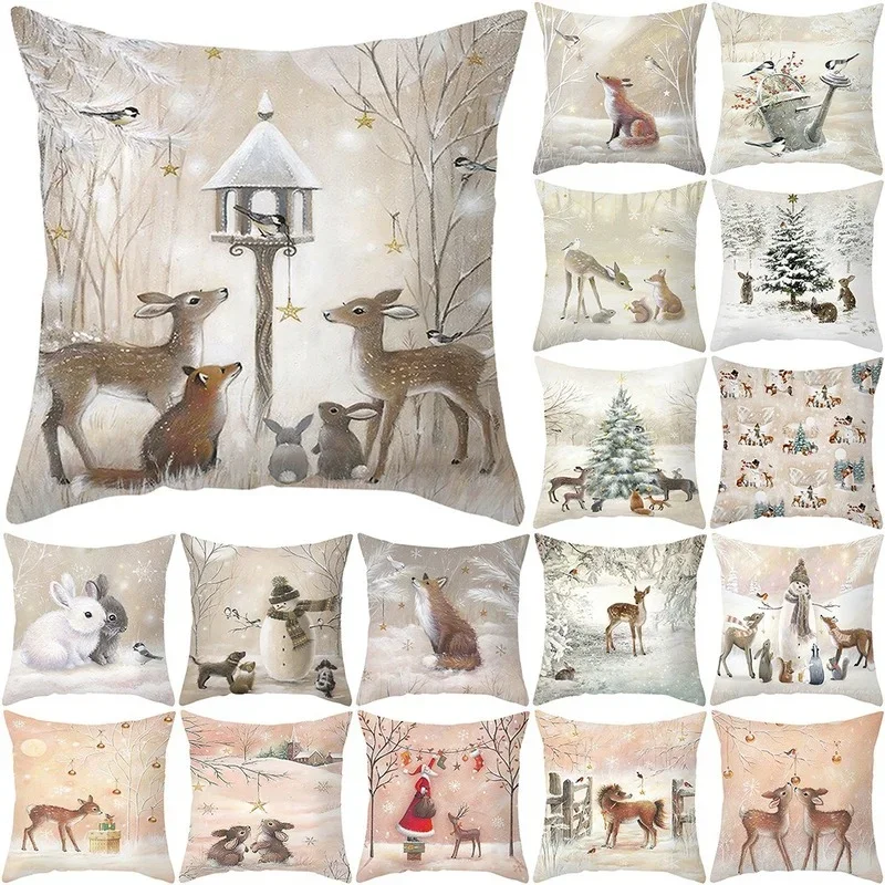 Christmas Cushion Cover Xmas Gifts Home Decor Animals Throw Pillow Cover Rabbit Deer Horse Fox Snowman Angel Printed Pillowcases