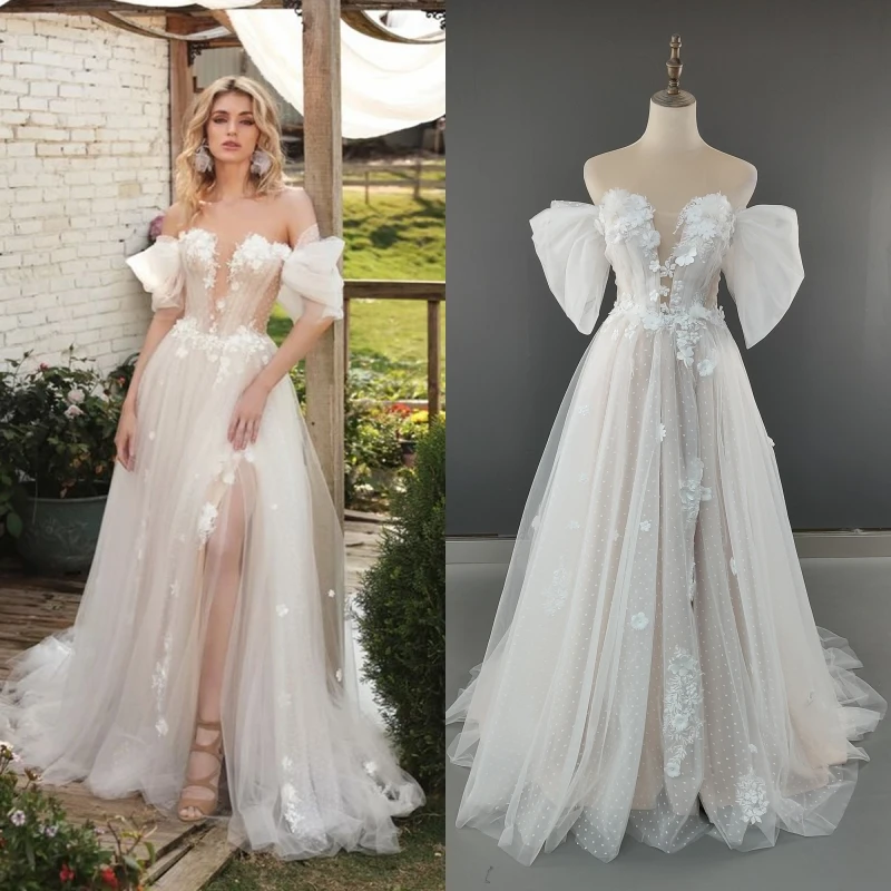 4562# Customzied 3D Flowers Off Shoulder V-neck A-line Wedding Dress Customized Bridal Gown High Slit Low Back Polka Dots Lace