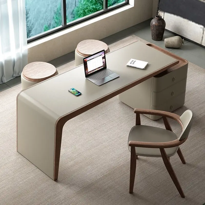 

Saddle leather desk light luxury modern high-end study desk household light luxury solid wood computer desk