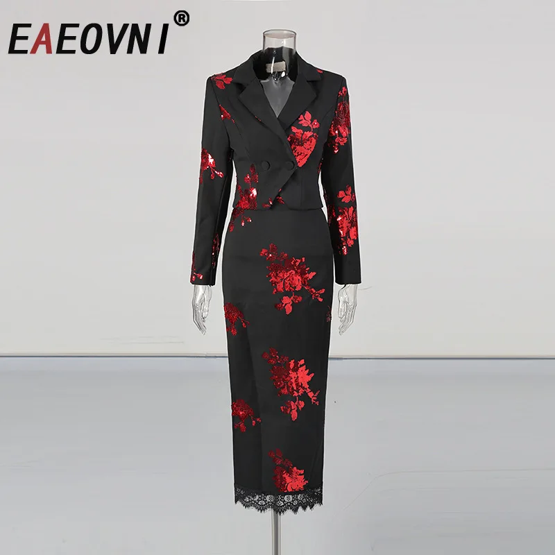 

EAEOVNI Sequins Flower Design Women's Set Elegant Short Blazer Coat + Long Skirt Fashion Temperament 2025 Autumn New Clothing