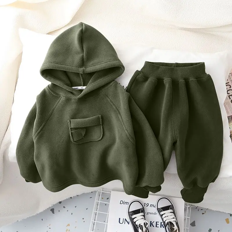 Boy's Velvet Set 12M-5Y Children's Autumn/Winter Hoodie Sweatshirt Baby Striped Sports Pants Set