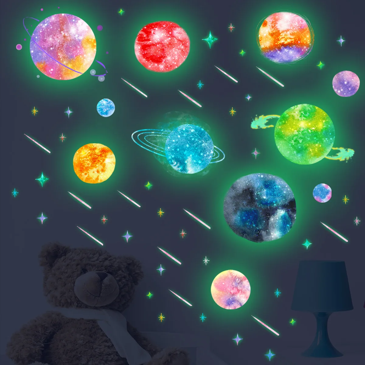 38*28cm Glow In The Dark Colorful Cosmic Planet Wall Stickers Children\'s Room Bedroom Creative Simple Decorative Wall Stickers